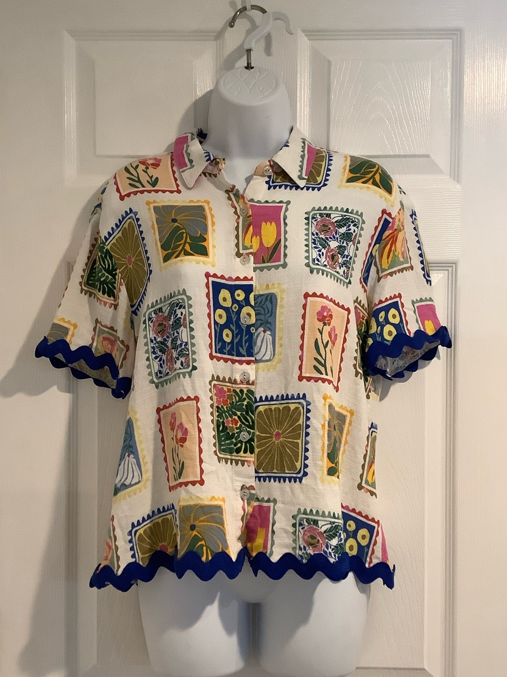 JANE & DELANCEY Linen Blend Multicolor Block Print Euro Summer Vacation Top M
